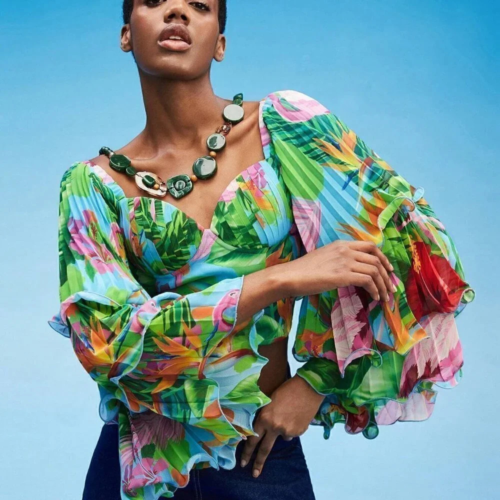 Green Boho Womens Tropical Print Lettuce Trim Layered Sleeve Crop Top